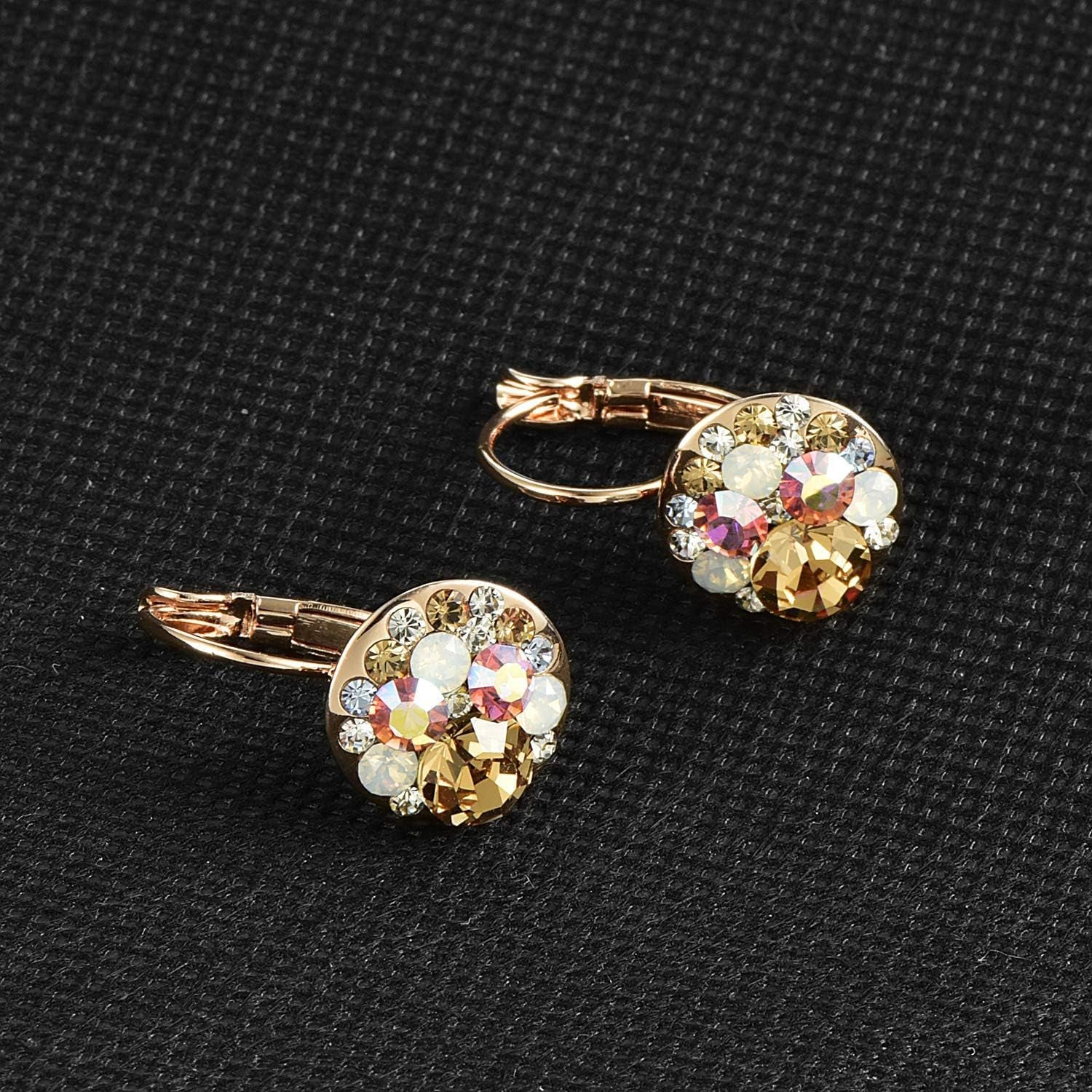 Multicolored Austrian Crystal Leverback Earrings for Women 14K Gold Plated Dangle Hoop Earrings Hypoallergenic Jewelry