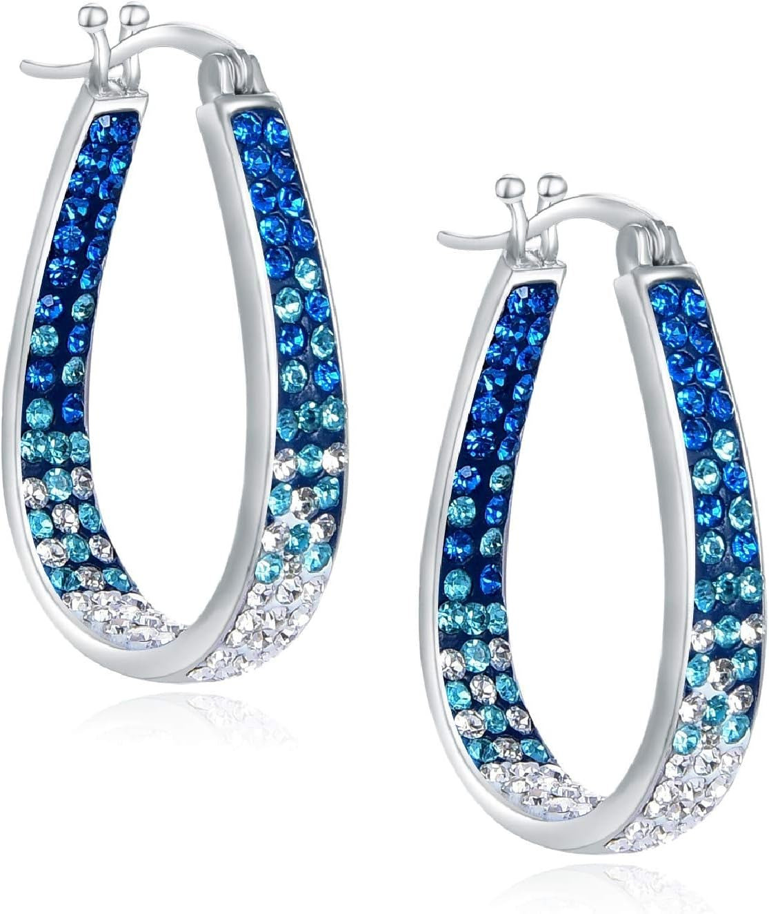 Crystal Hoop Earrings - Silver Plated inside Out Oval Shape Hoop Earrings for Women, 1.2 Inch