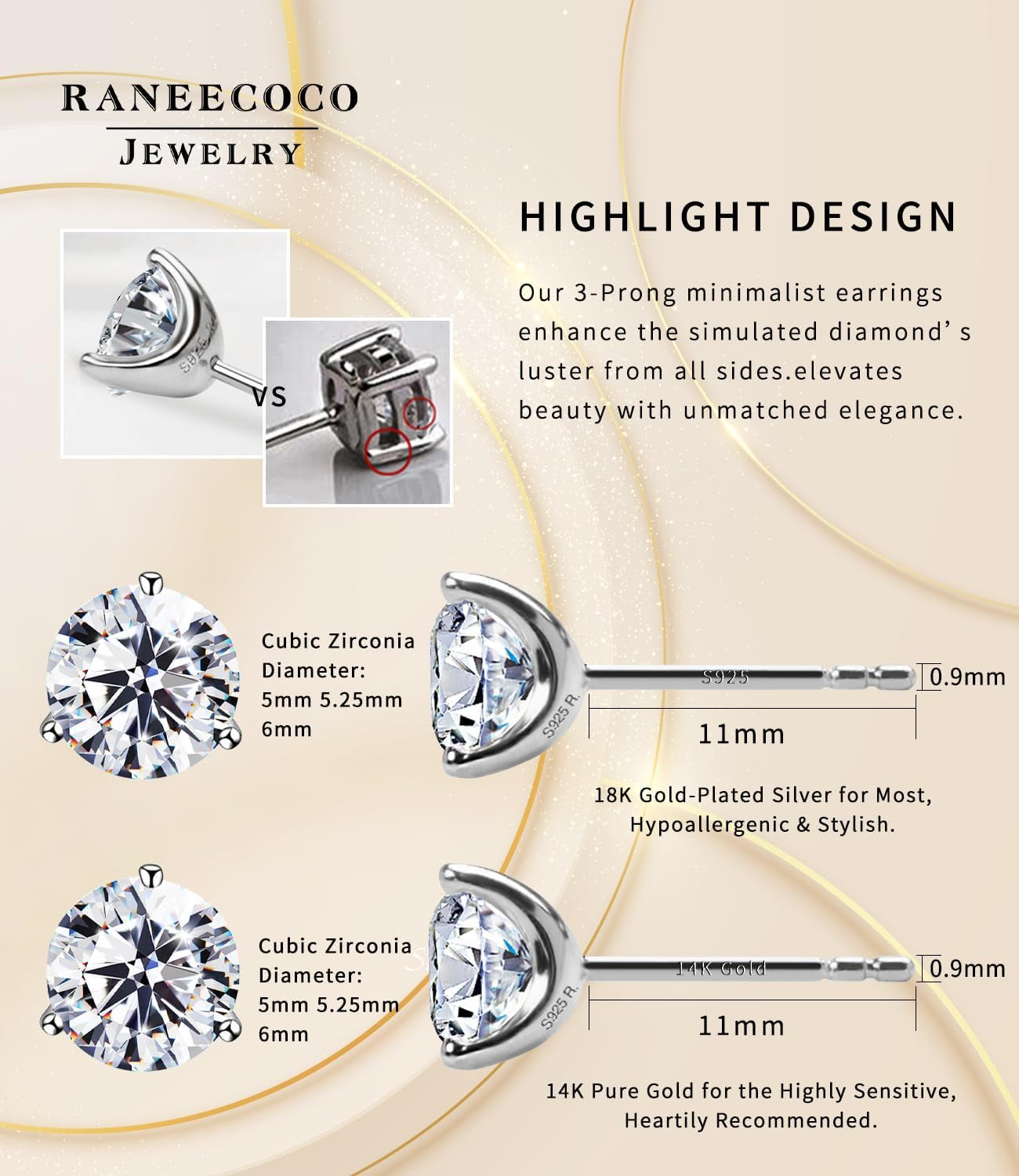 "STUNNING FLAME" 18K Gold Plated Silver Brilliant Cut Simulated Diamond Cubic Zirconia Stud Earrings