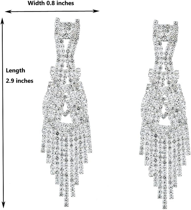 Silver Teardrop Crystal Long Tassels Dangle Earrings Sparkling Rhinestone Ladies Gifts