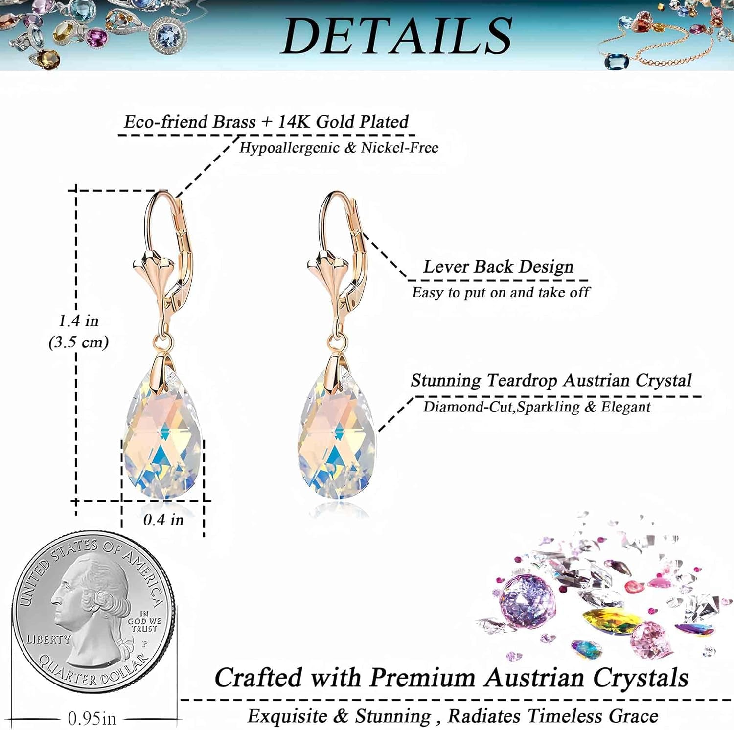 Austrian Crystal Teardrop Leverback Dangle Earrings for Women Fashion 14K Gold Plated Hypoallergenic Jewelry