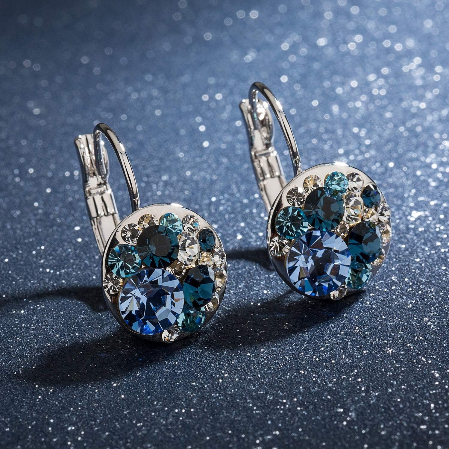 Multicolored Austrian Crystal Leverback Earrings for Women 14K Gold Plated Dangle Hoop Earrings Hypoallergenic Jewelry