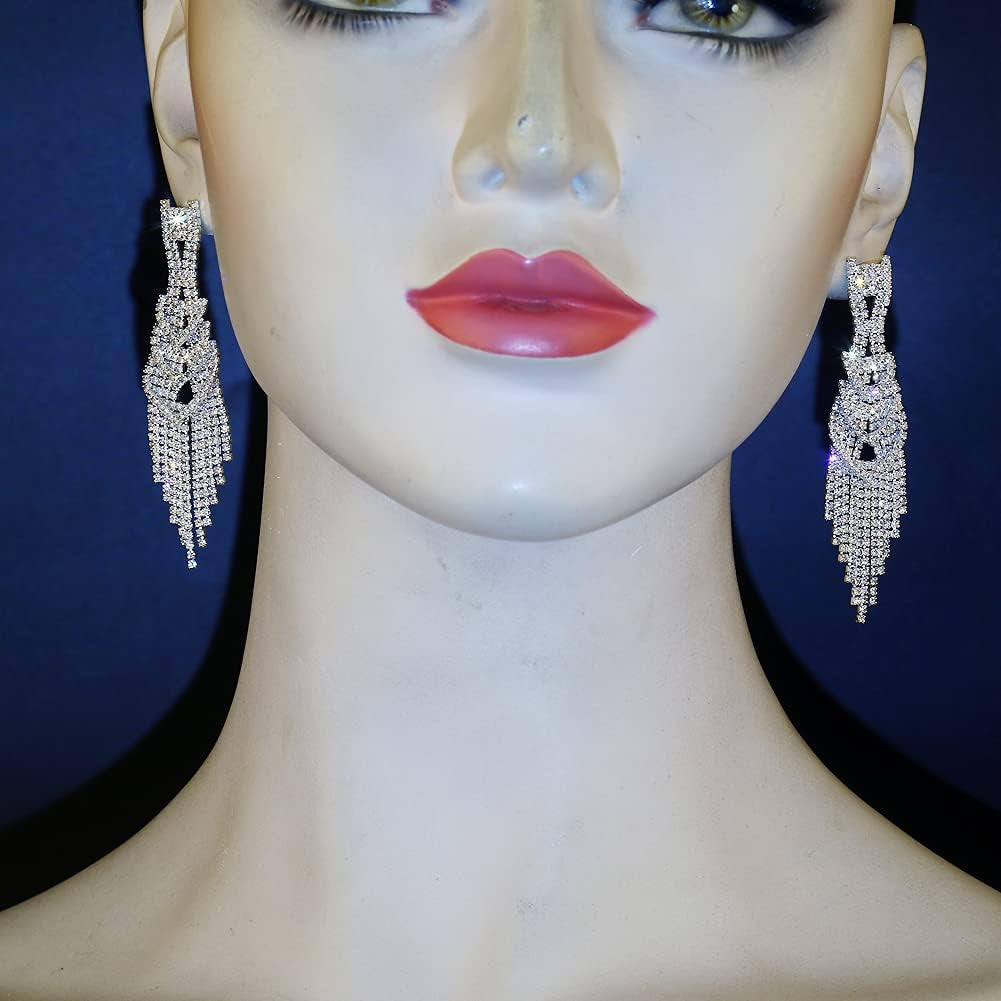Silver Teardrop Crystal Long Tassels Dangle Earrings Sparkling Rhinestone Ladies Gifts