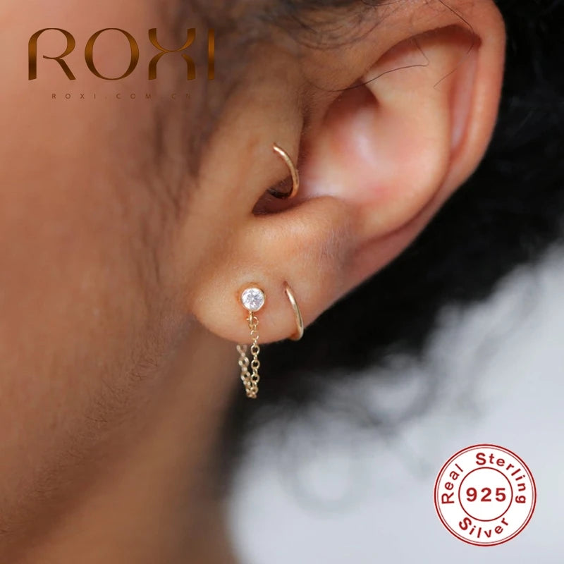 Luxury 925 Sterling Silver Drop Chain Stud Earrings AAAAA Zircon Crystal Wild Earrings for Women Piercing Earing Jewelry