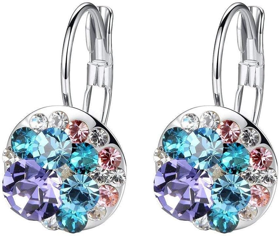 Multicolored Austrian Crystal Leverback Earrings for Women 14K Gold Plated Dangle Hoop Earrings Hypoallergenic Jewelry