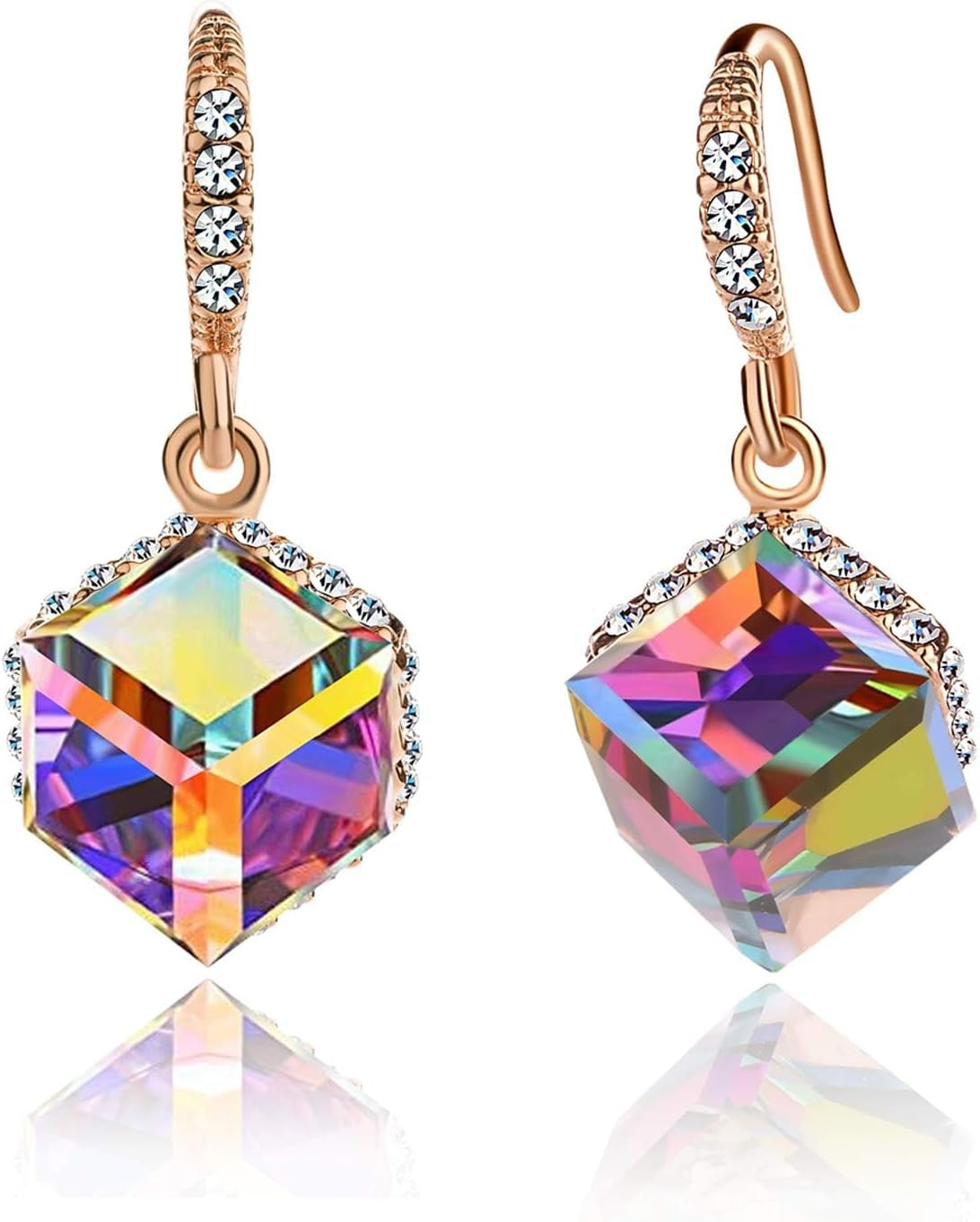 Austrian Crystal Cube Drop Dangle Earrings for Women 14K Gold Plated Hypoallergenic Jewelry