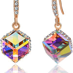 Austrian Crystal Cube Drop Dangle Earrings for Women 14K Gold Plated Hypoallergenic Jewelry