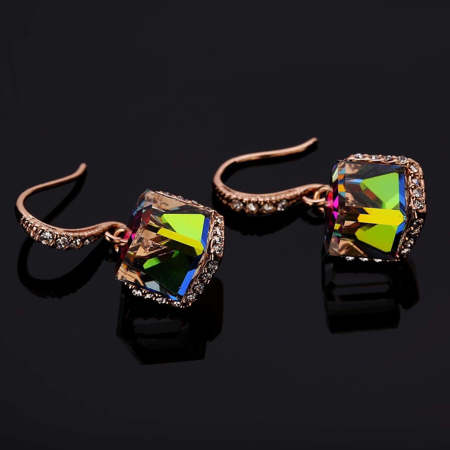 Austrian Crystal Cube Drop Dangle Earrings for Women 14K Gold Plated Hypoallergenic Jewelry
