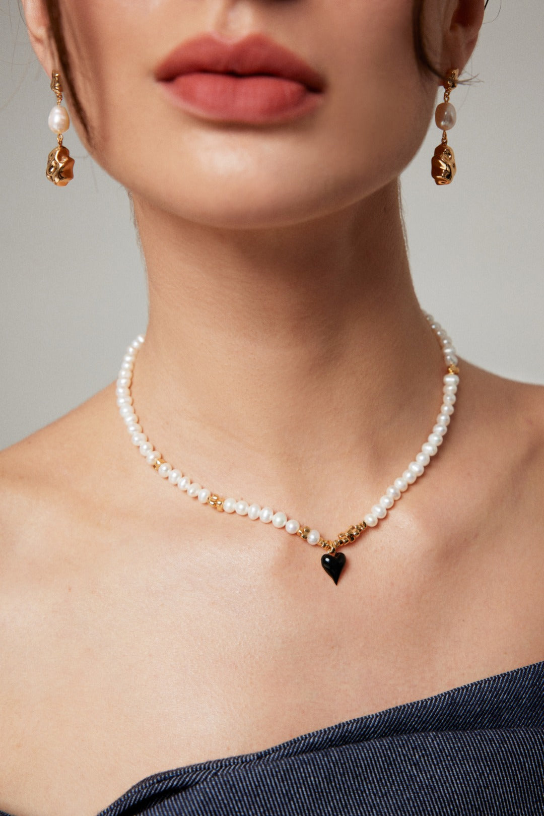 Sterling Silver French Pearl Necklace and Bracelet, featuring a classic heart design