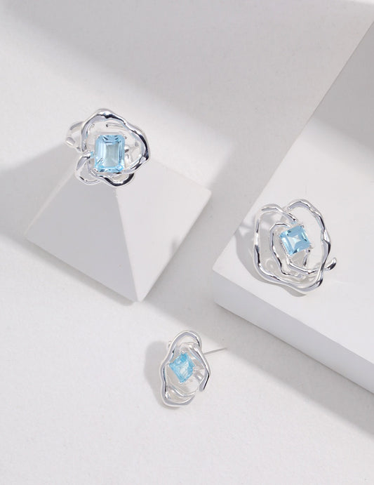 Liquid Series pure silver natural topaz ring