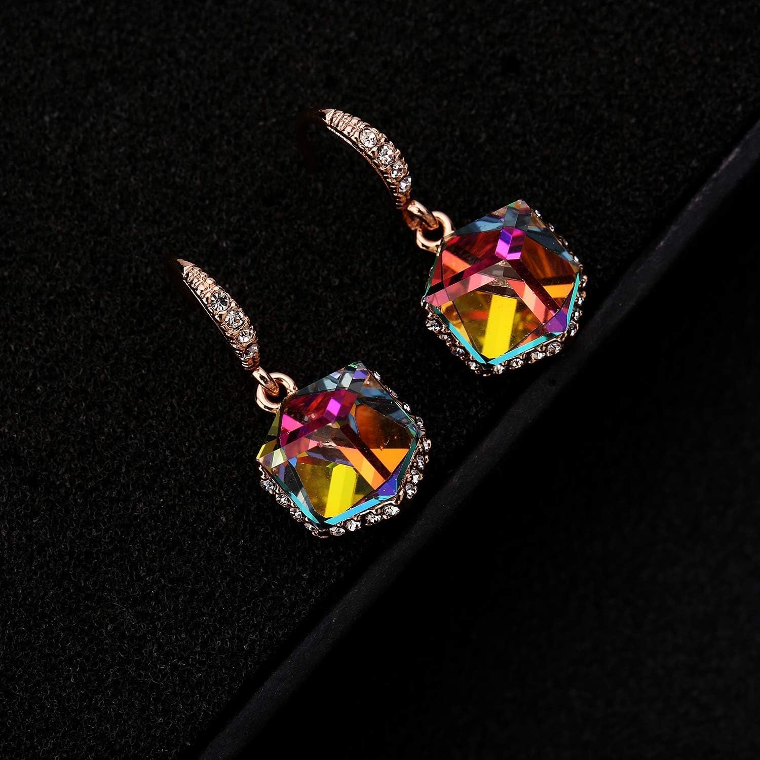Austrian Crystal Cube Drop Dangle Earrings for Women 14K Gold Plated Hypoallergenic Jewelry