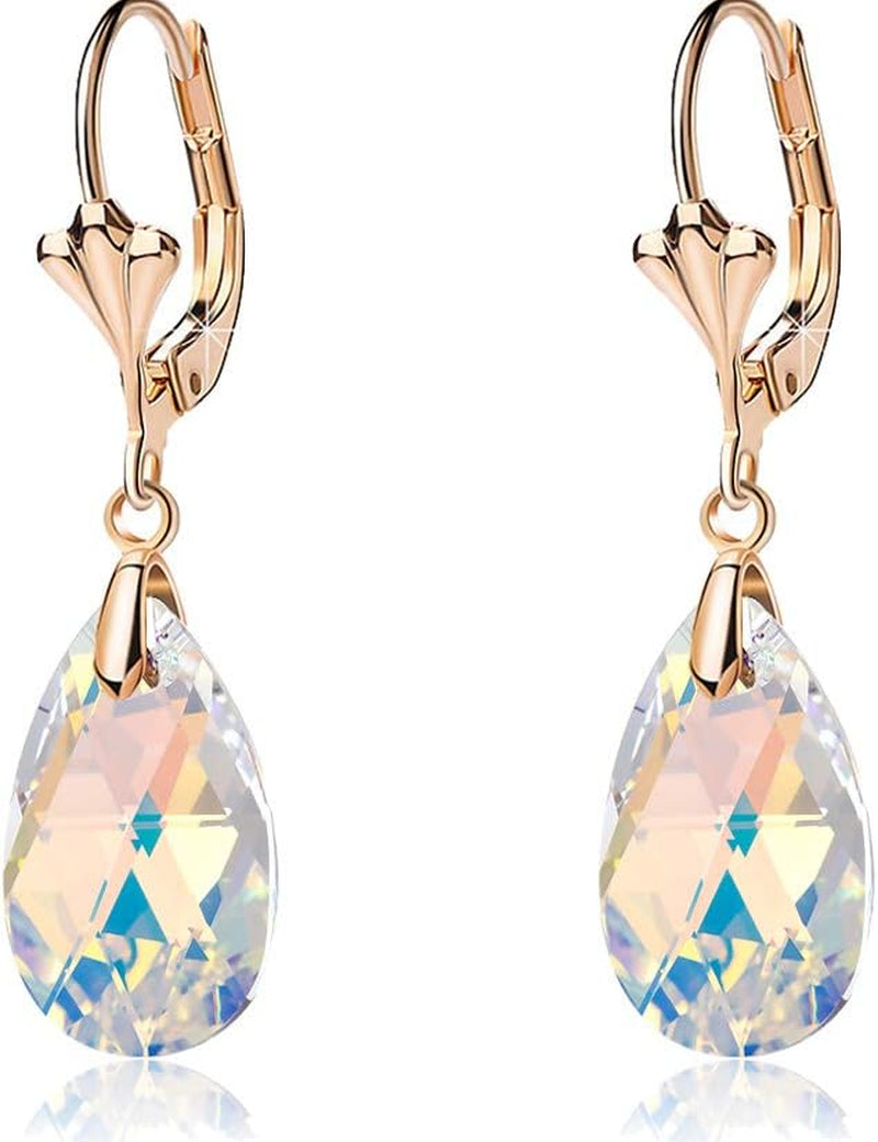 Austrian Crystal Teardrop Leverback Dangle Earrings for Women Fashion 14K Gold Plated Hypoallergenic Jewelry