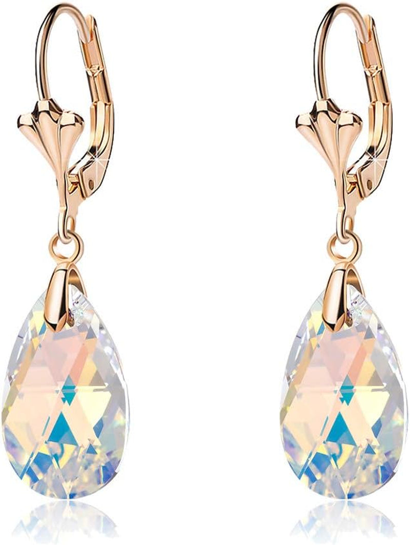 Austrian Crystal Teardrop Leverback Dangle Earrings for Women Fashion 14K Gold Plated Hypoallergenic Jewelry