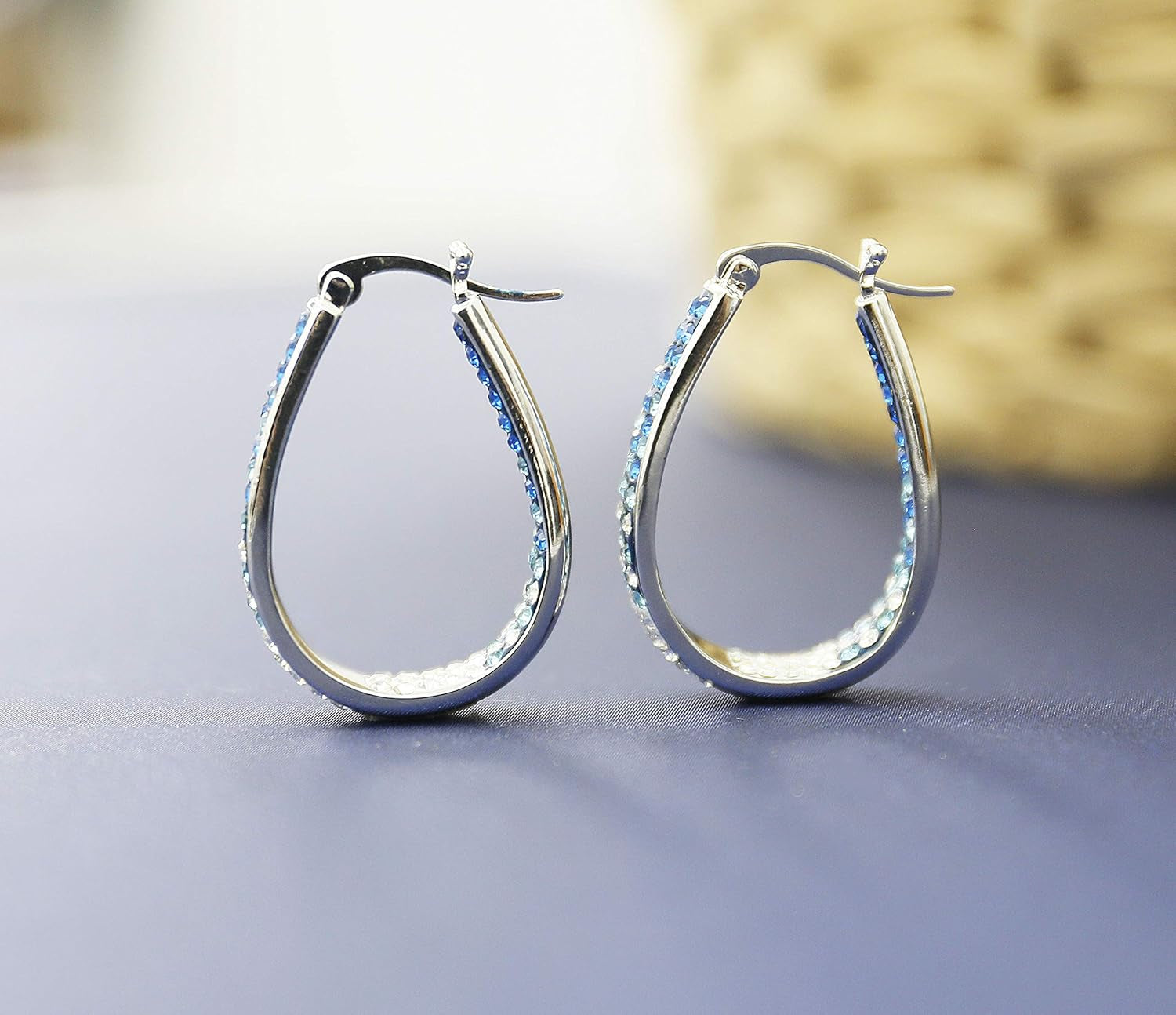 Crystal Hoop Earrings - Silver Plated inside Out Oval Shape Hoop Earrings for Women, 1.2 Inch