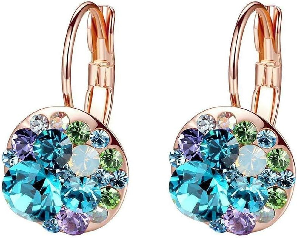 Multicolored Austrian Crystal Leverback Earrings for Women 14K Gold Plated Dangle Hoop Earrings Hypoallergenic Jewelry