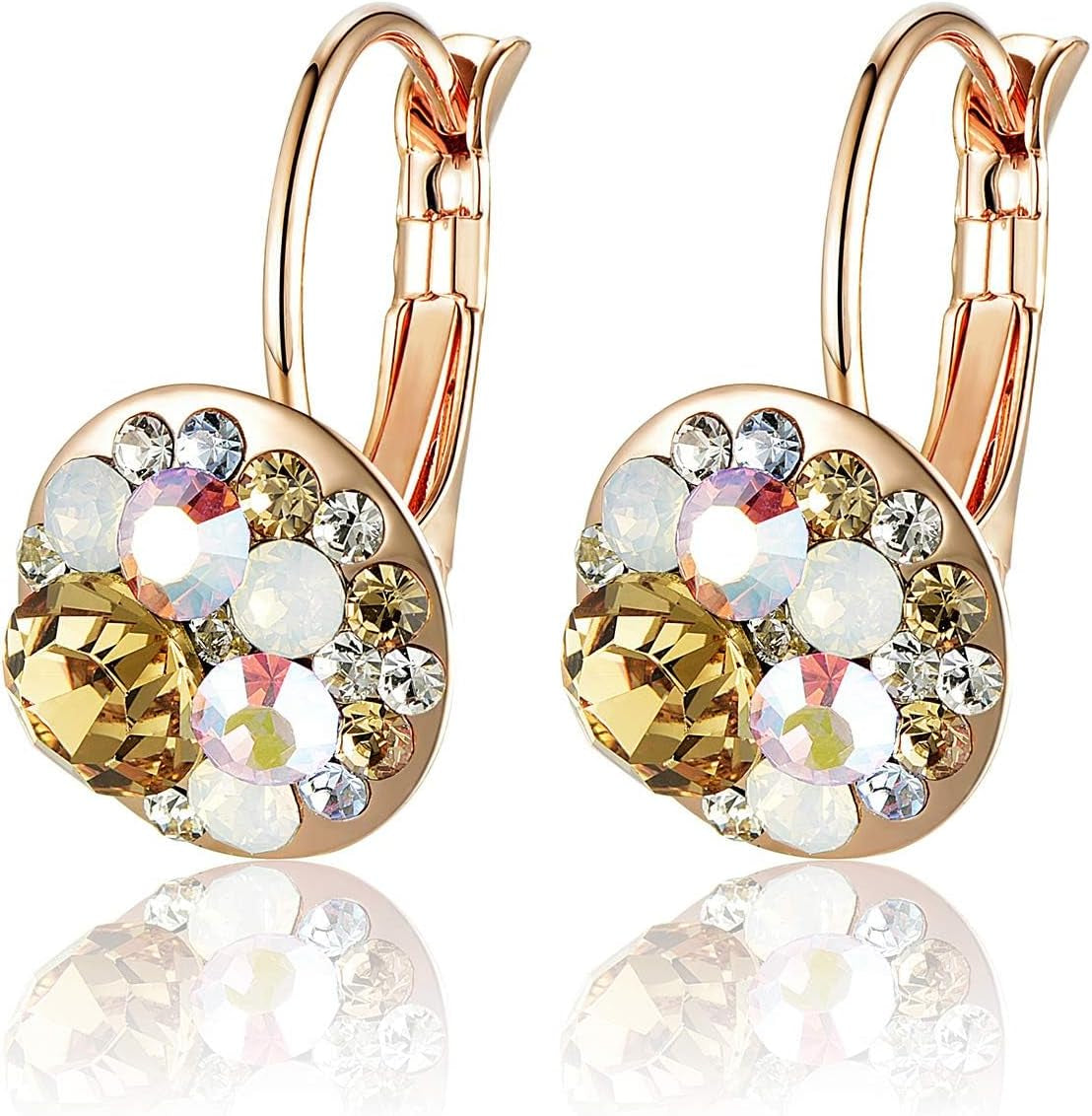 Multicolored Austrian Crystal Leverback Earrings for Women 14K Gold Plated Dangle Hoop Earrings Hypoallergenic Jewelry