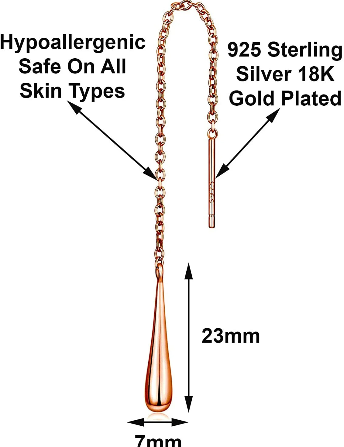 Teardrop 925 Sterling Silver 18K Gold Plated Long Chain Threader Dangle Drop Earrings for Women Comes in White Gold, Yellow Gold, & Rose Gold Colors Comes with  Gift Box