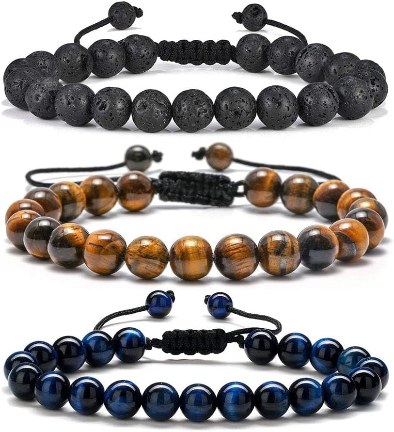 Natural Stone Bracelets for Men - 8Mm Tiger Eye, Matte Agate, Lava Rock - Teen Boys Gifts for Birthday, Anniversary, Christmas