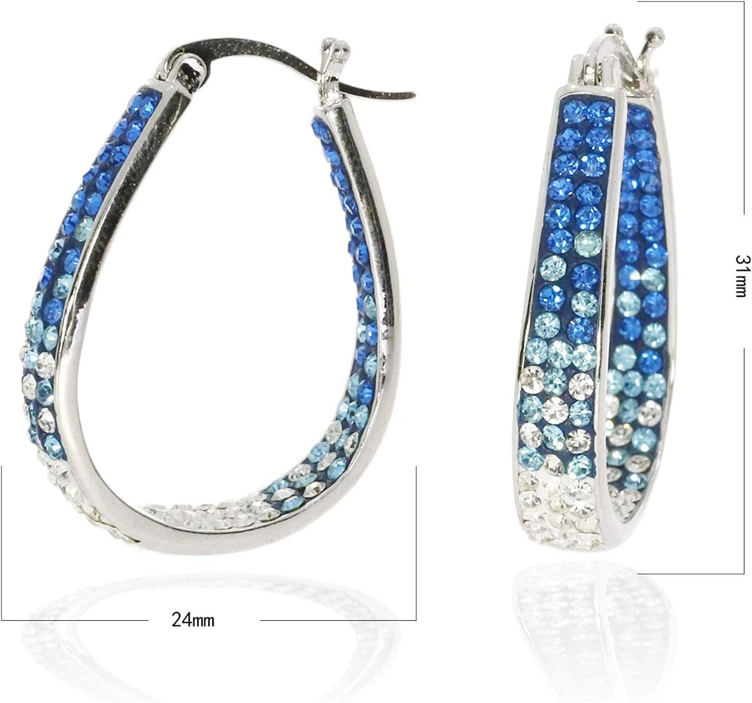Crystal Hoop Earrings - Silver Plated inside Out Oval Shape Hoop Earrings for Women, 1.2 Inch