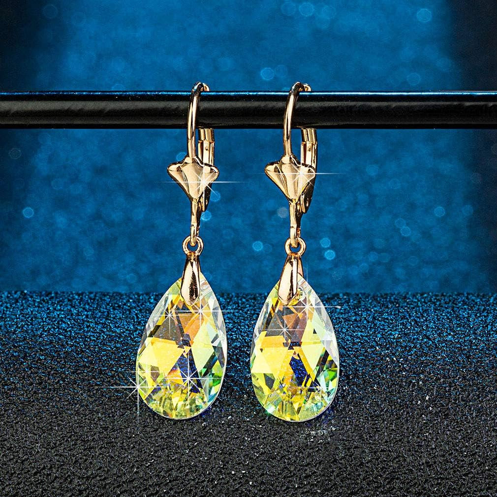 Austrian Crystal Teardrop Leverback Dangle Earrings for Women Fashion 14K Gold Plated Hypoallergenic Jewelry
