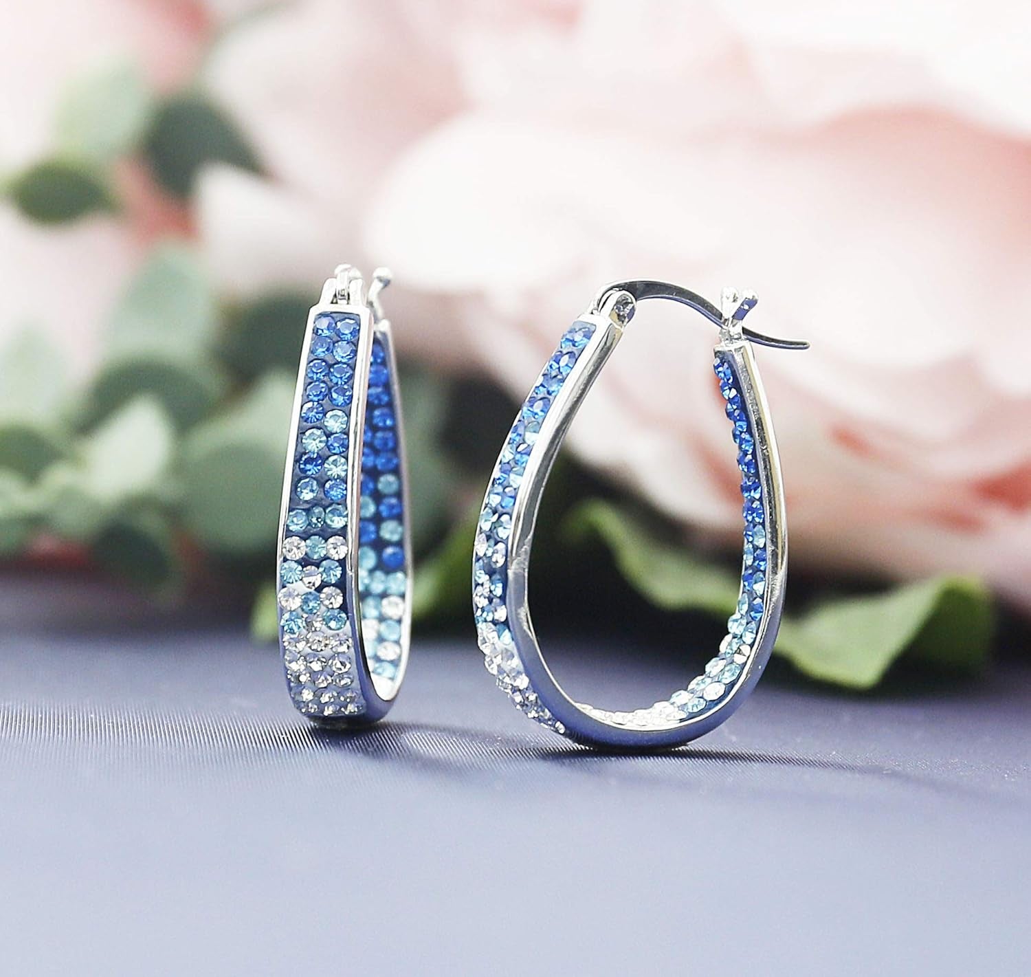 Crystal Hoop Earrings - Silver Plated inside Out Oval Shape Hoop Earrings for Women, 1.2 Inch