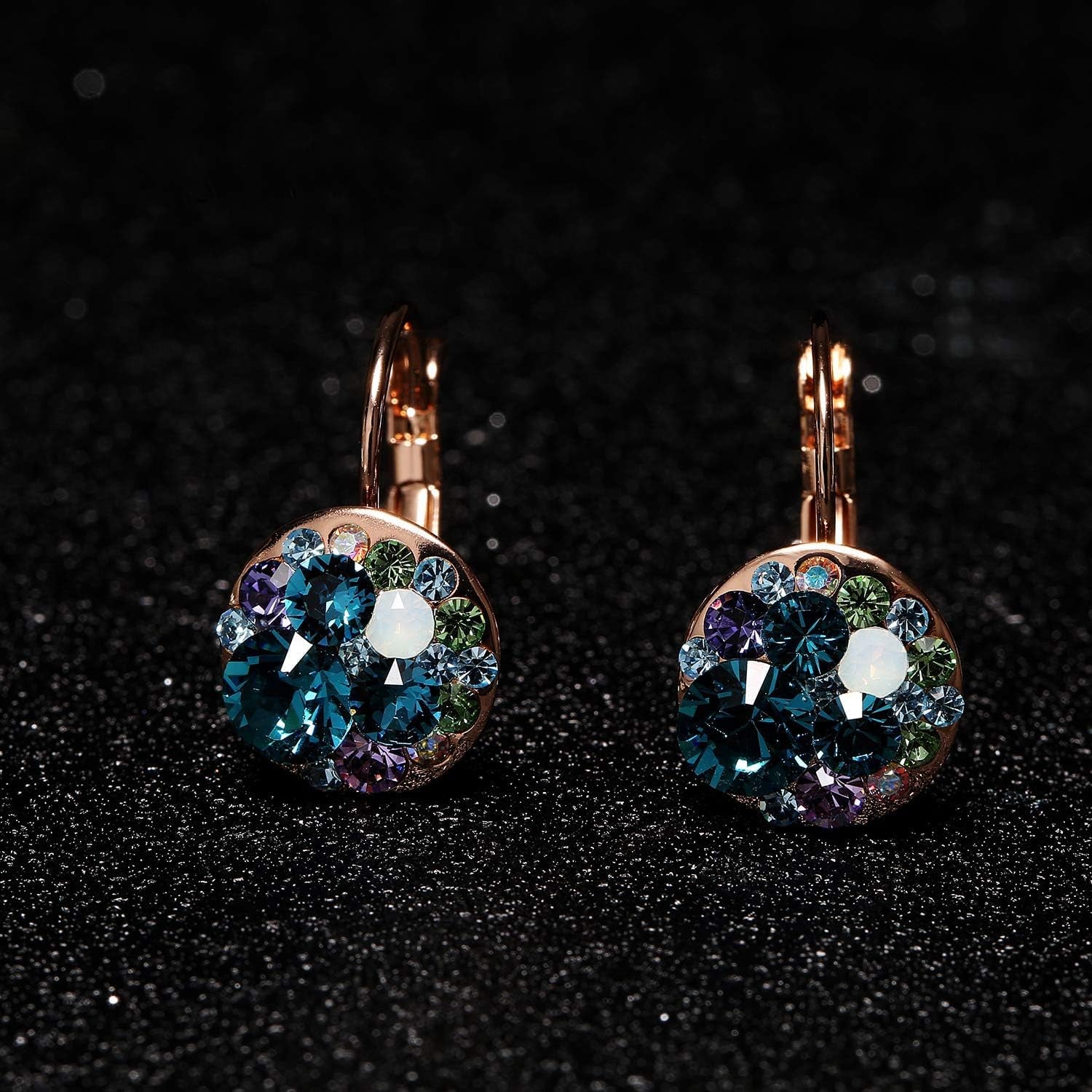 Multicolored Austrian Crystal Leverback Earrings for Women 14K Gold Plated Dangle Hoop Earrings Hypoallergenic Jewelry